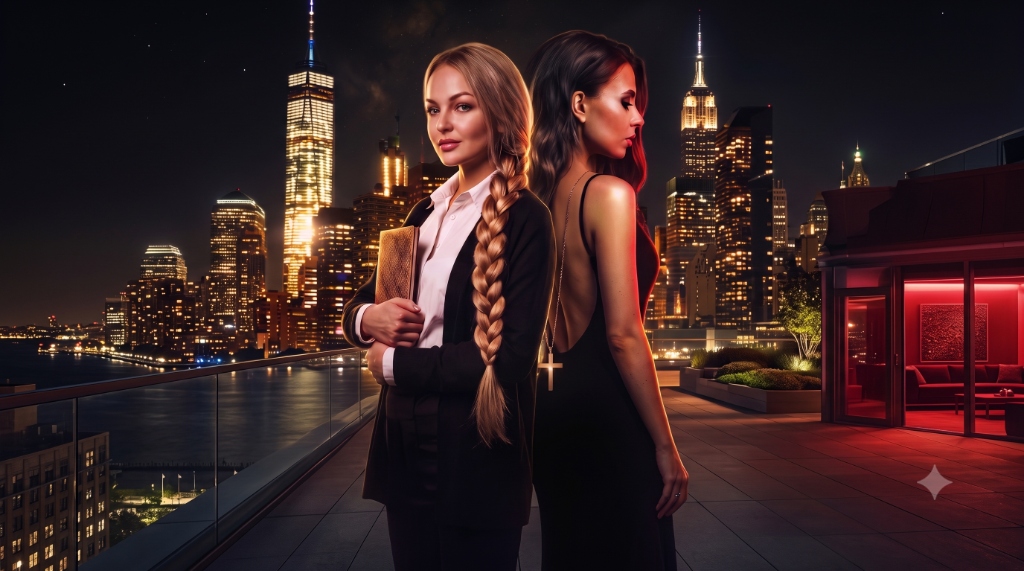 Olga and Ariana against the Manhattan skyline
