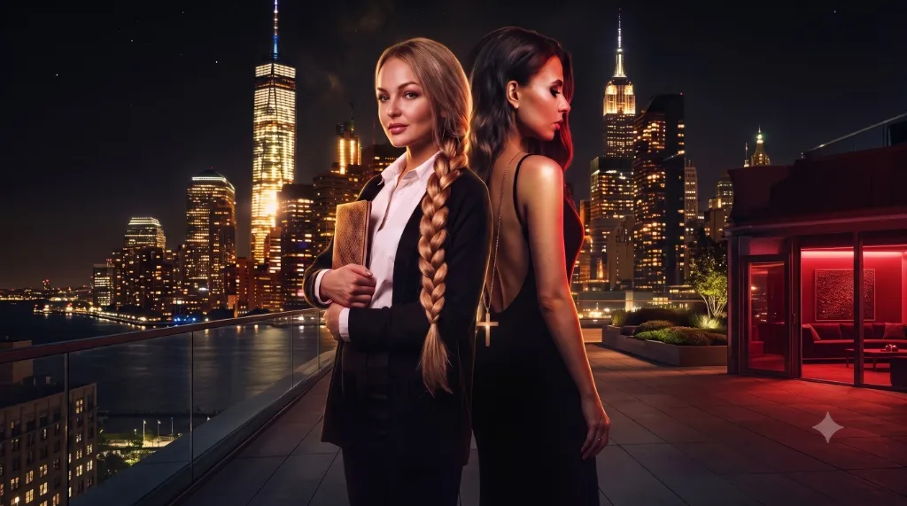 Olga and Ariana against the Manhattan skyline
